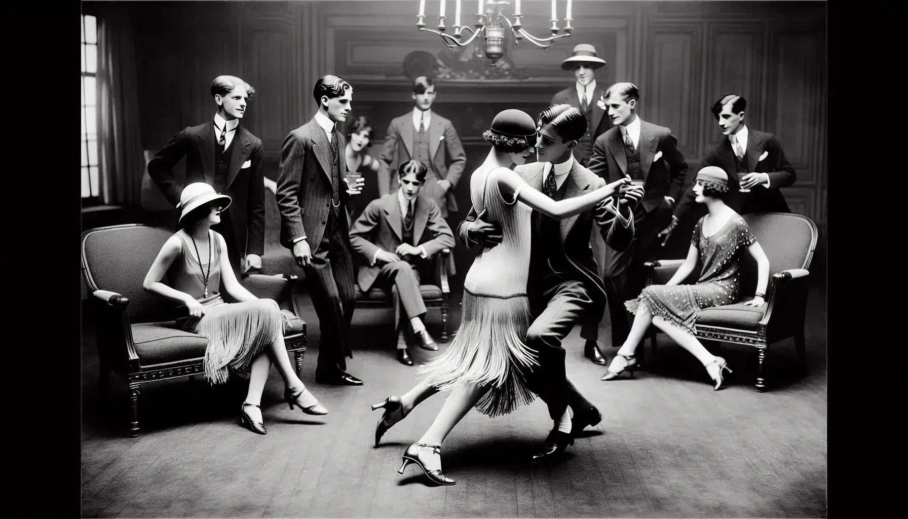 1920s social gathering with young adults dancing the Charleston and conversing on a plush sofa, showcasing flapper fashion and vintage suits.