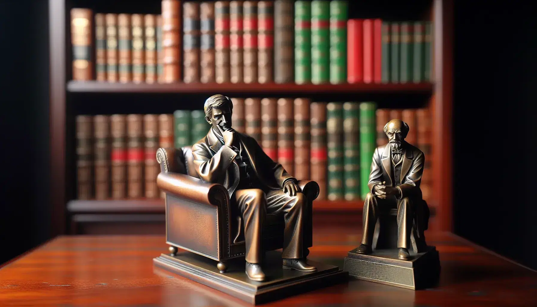 Statuette in bronzo di psicologi storici, uno seduto pensieroso e l'altro in piedi con braccia incrociate, su scrivania in legno con libreria sfocata sullo sfondo.