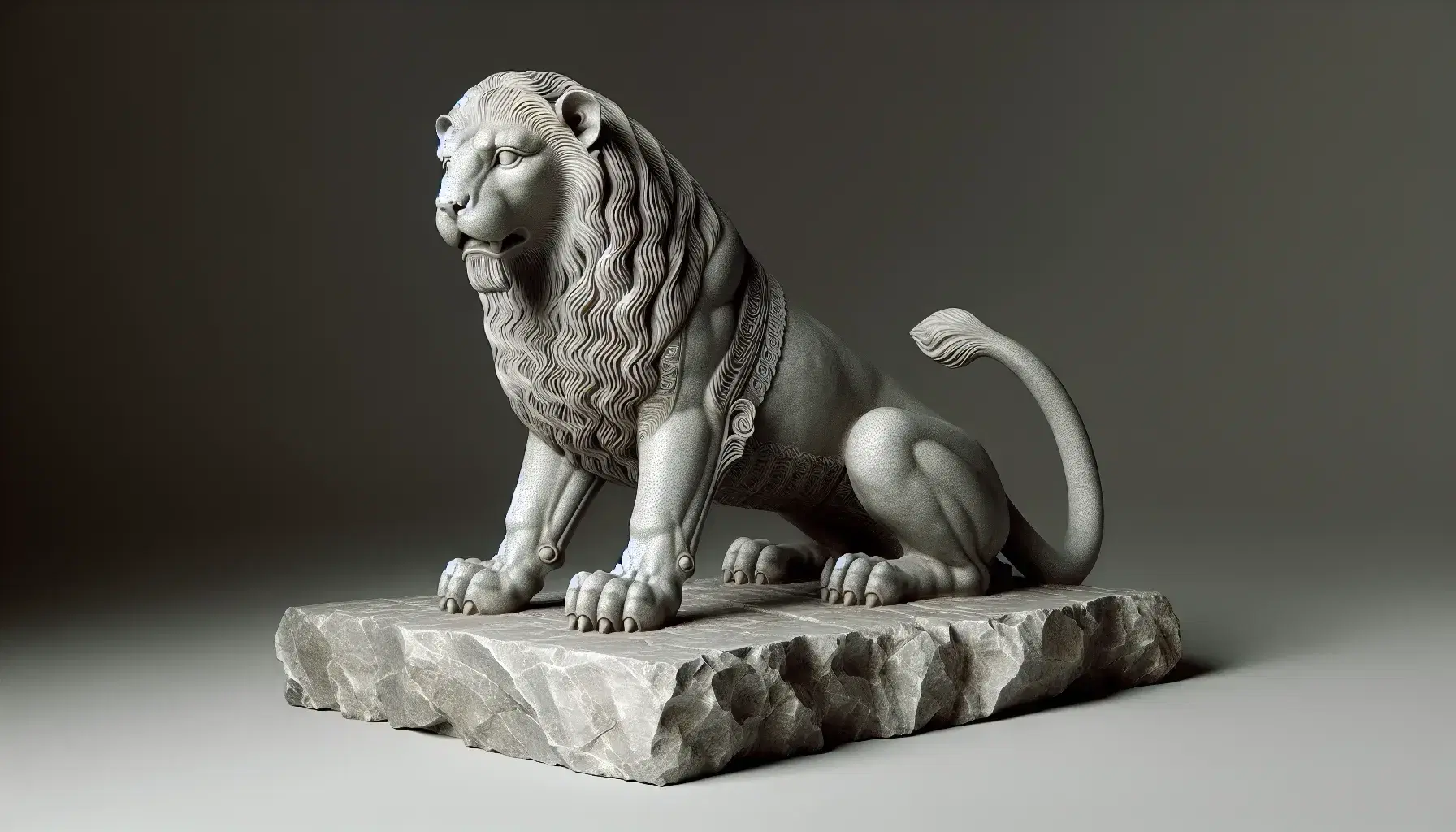 Scultura in pietra di leone ittita in posizione accovacciata su base rocciosa naturale, con dettagli di criniera ondulata e artigli definiti.