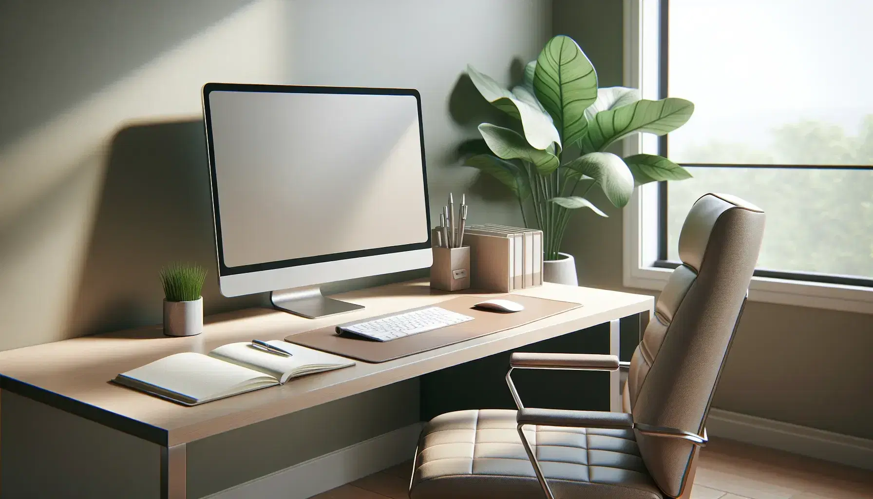 Neat desk with modern monitor, keyboard, mouse and open notebook in bright room with green plant and comfortable office chair.