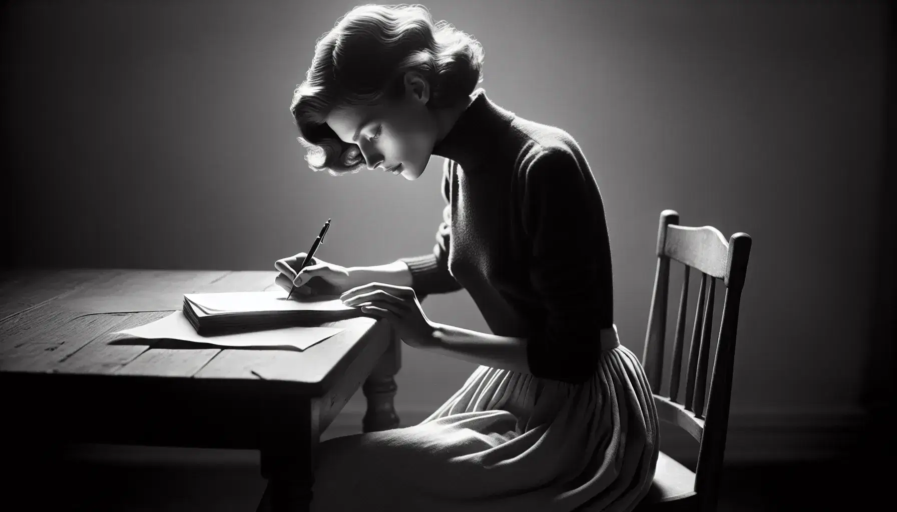Donna con capelli corti e ondulati scrive con penna stilografica su un foglio appoggiato su un tavolo di legno, illuminata lateralmente.