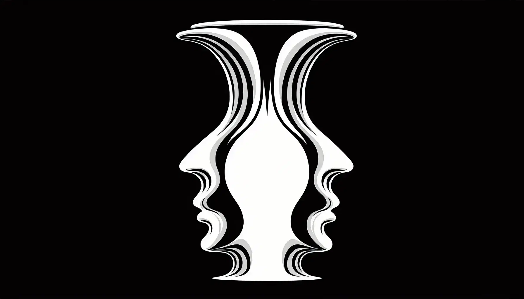 Optical illusion of the Rubin Vase showing a symmetrical white vase or two faces in profile on a black background.