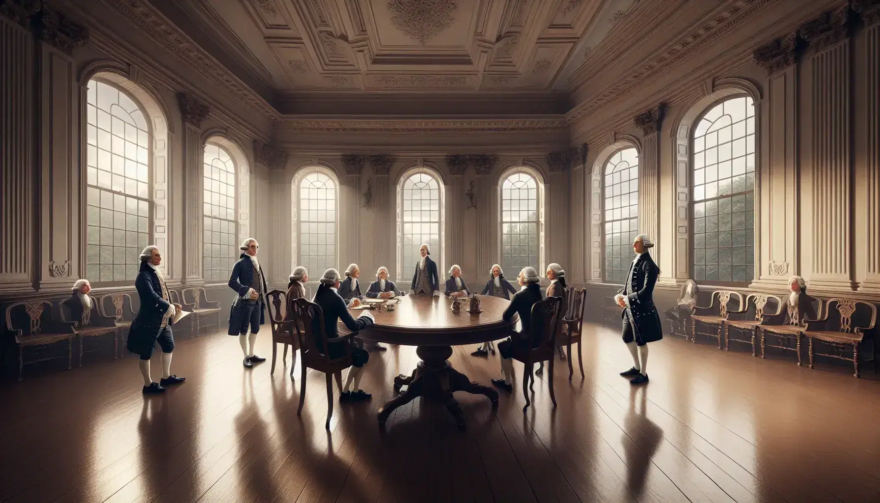 Late eighteenth-century scene in a sumptuous room with seven men in period clothes discussing around a large oval table illuminated by natural light.