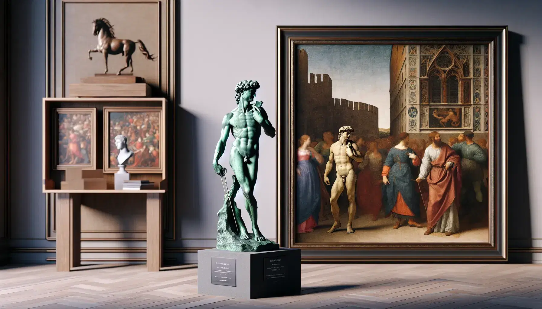 Réplica de la escultura de David de Donatello en bronce, junto a una reproducción de una pintura de Jan van Eyck y un modelo arquitectónico renacentista.