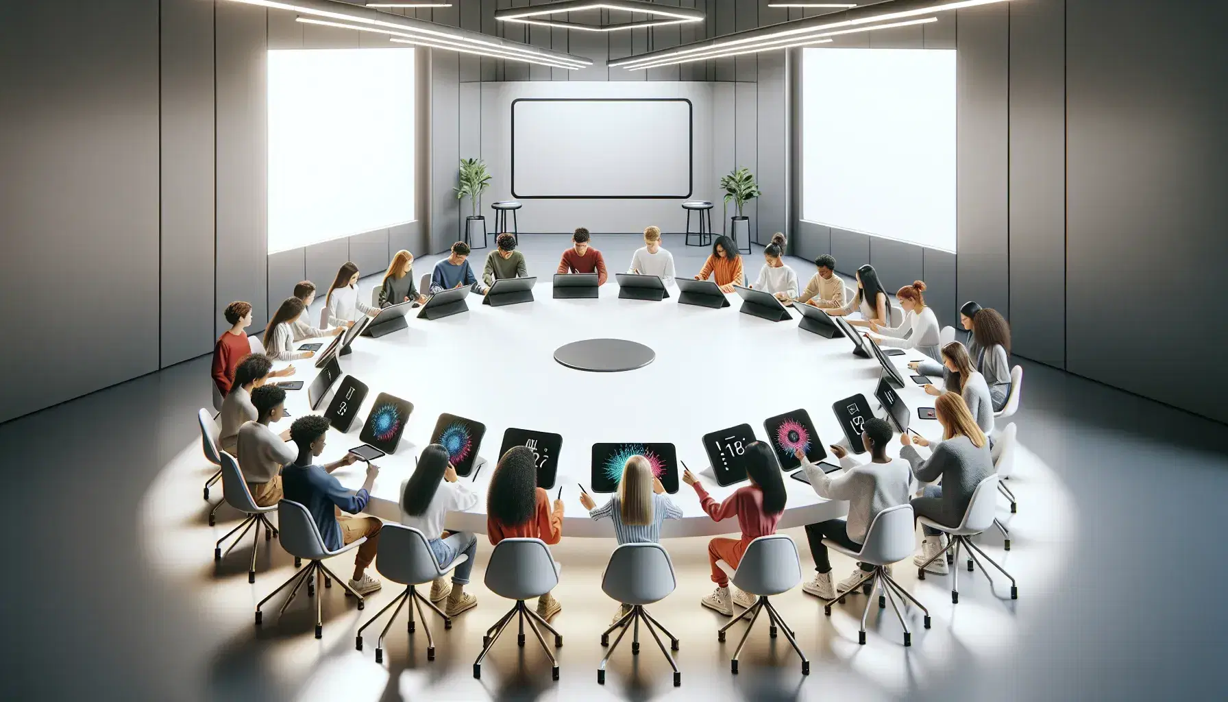 Estudiantes diversos enfocados en tablets sobre mesa redonda moderna en aula iluminada, reflejando colaboración y aprendizaje con tecnología.