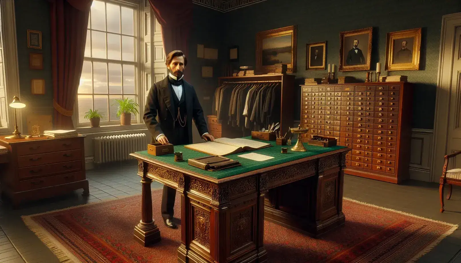 Late 19th-century office scene with a man in waistcoat standing behind a desk, a South Asian man and Hispanic woman seated, and period furnishings.