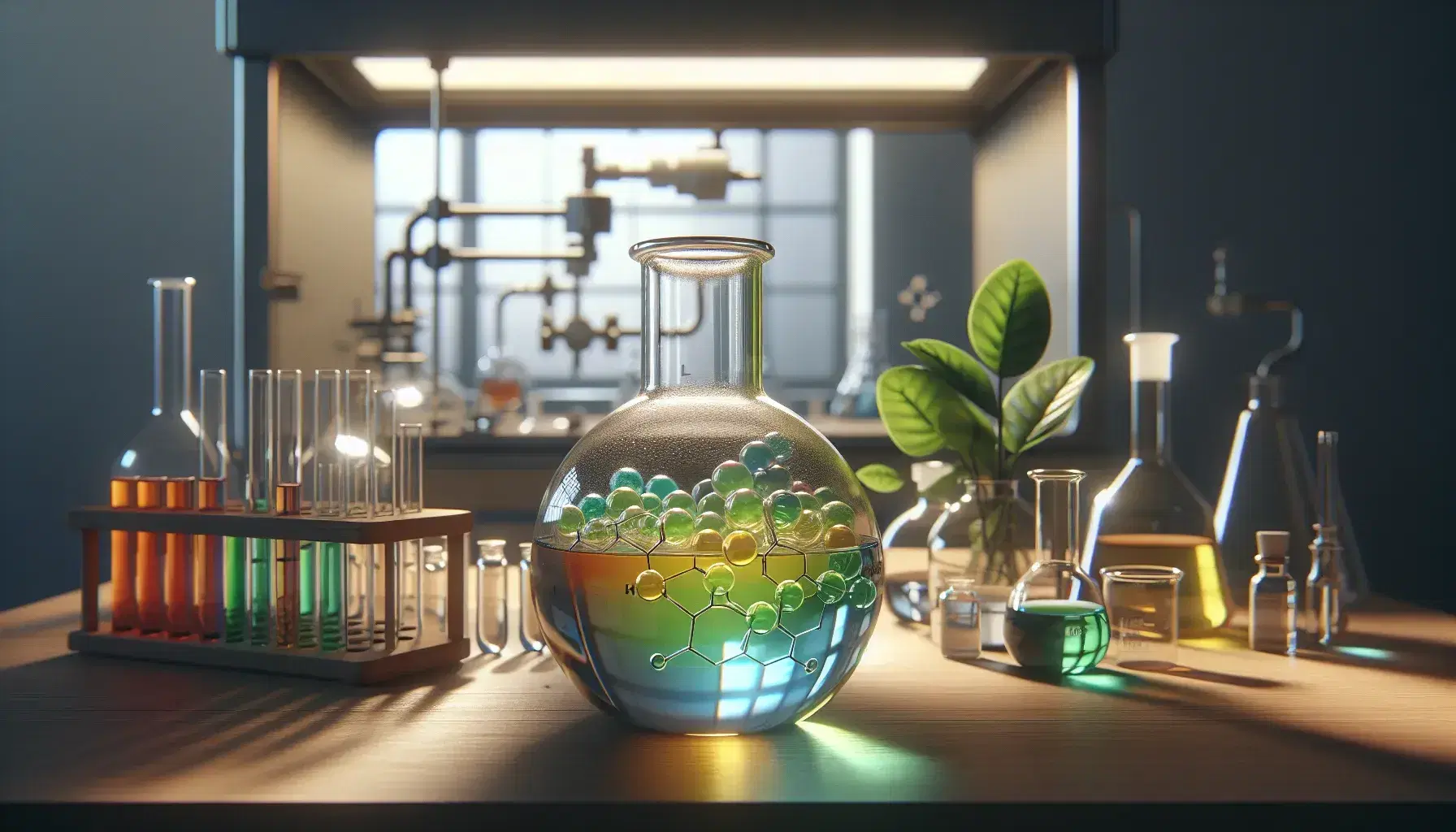 Glass flask with layered colored liquids on laboratory bench, surrounded by chemical glassware and green plant.