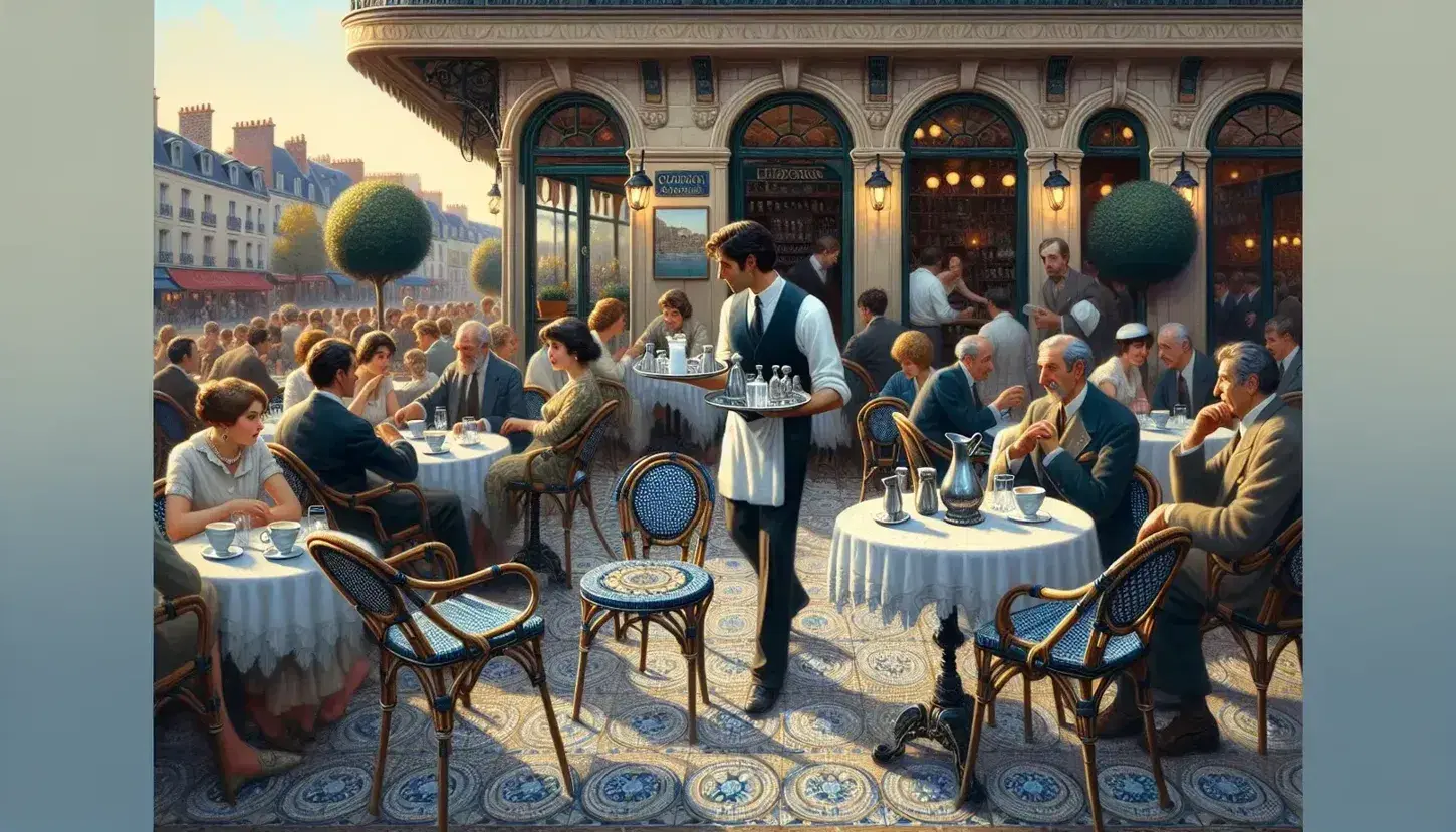 Bustling French café scene with patrons dining, a waiter serving drinks, and a round mosaic-tiled table in the foreground under a clear blue sky.