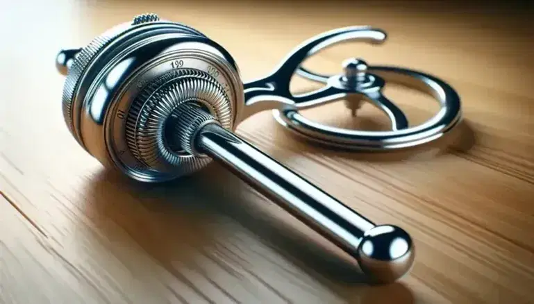 Shiny mechanical key for winding watches or music boxes, with circular handle and radial grooves, on blurred honey wood background.