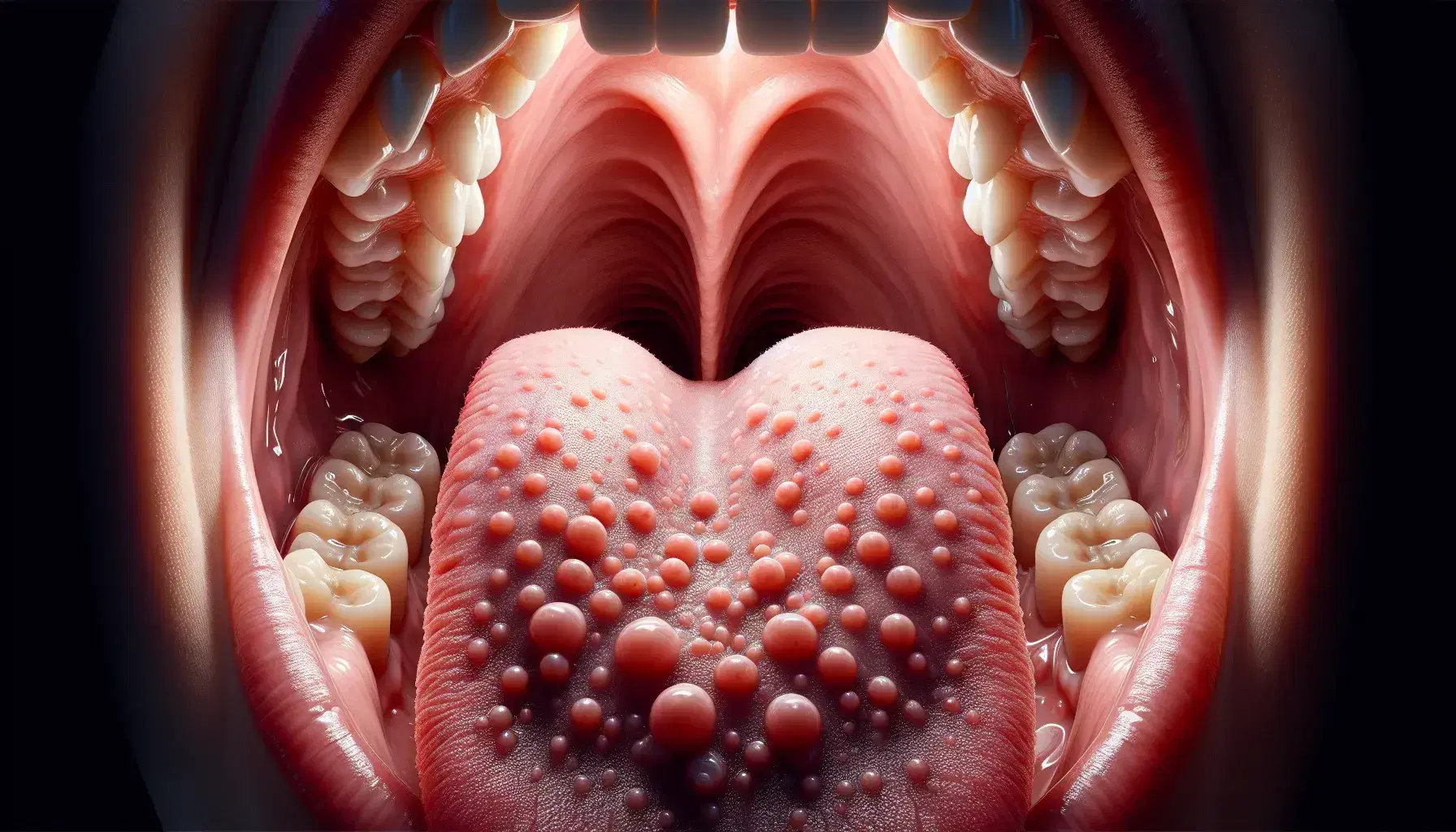 Primer plano de una lengua rosada mostrando papilas gustativas y dientes blancos, con encías rosadas oscuras en un fondo oscuro de la boca.
