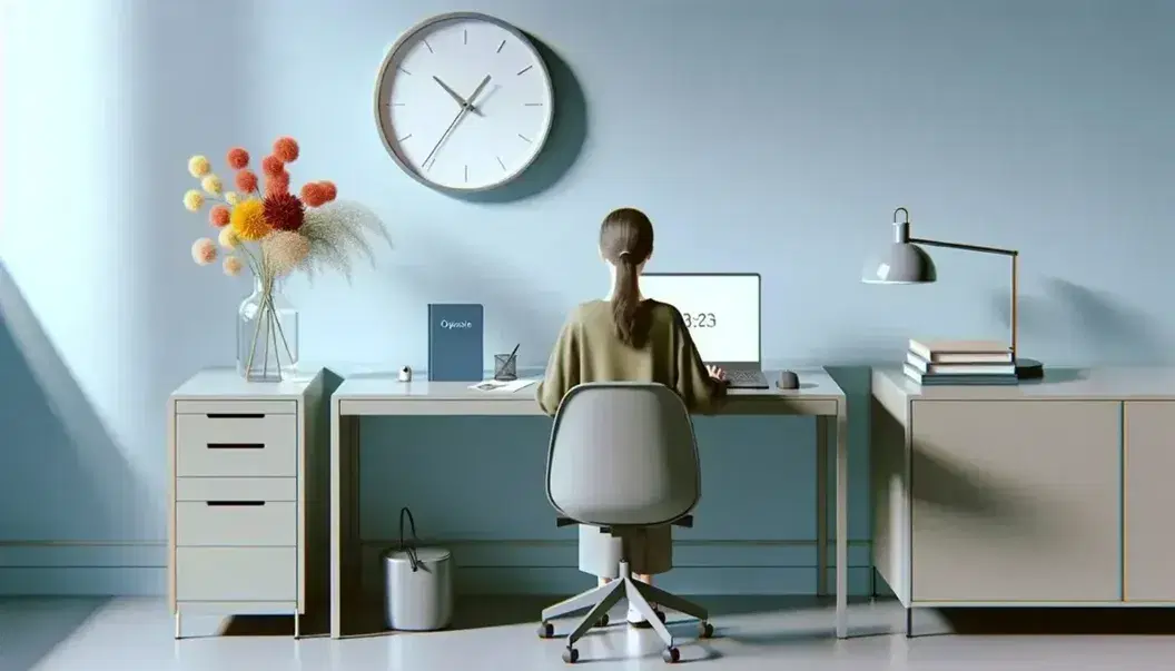 Ufficio scolastico moderno con scrivania chiara, laptop aperto, mouse grigio, quaderno blu, persona di spalle che digita e orologio analogico su parete azzurra.