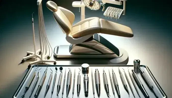 Instrumental odontológico alineado en superficie lisa con silla dental moderna y carro de equipos al fondo, reflejando higiene y profesionalismo.