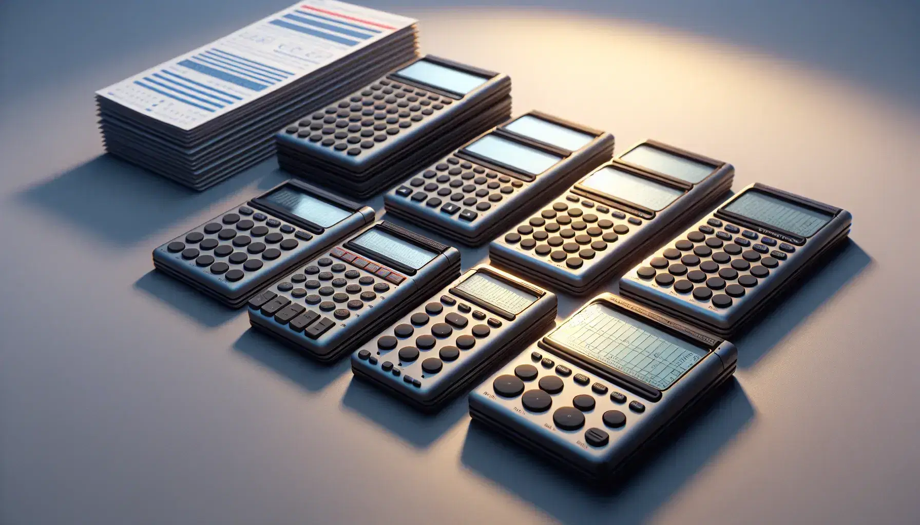 Colección de calculadoras electrónicas de bolsillo en superficie clara con hojas rayadas al fondo, iluminación suave y sombras tenues.