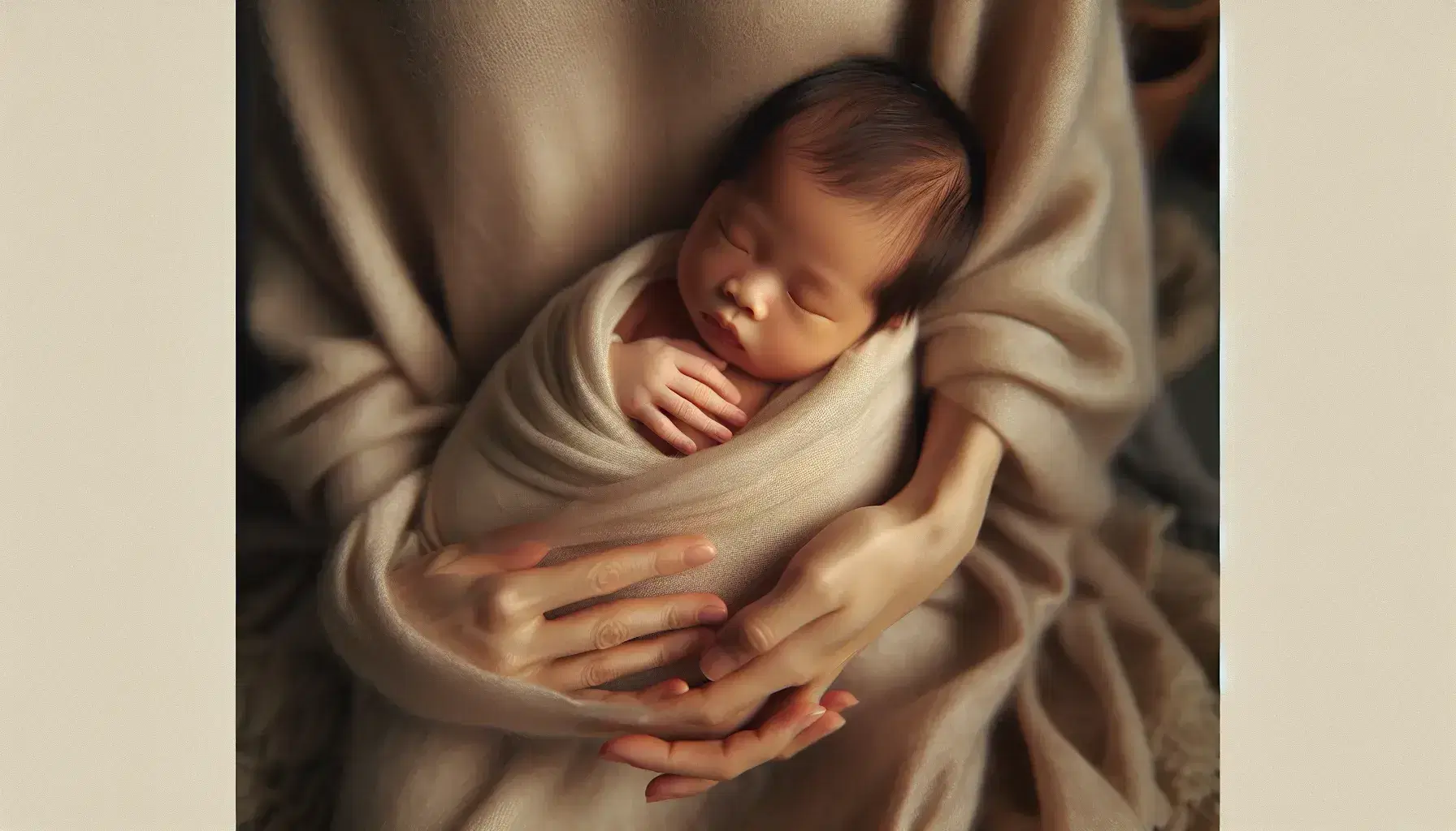 Neonato avvolto in coperta crema riposa in braccia di adulto sudasiatico, espressione serena e protettiva, sfondo domestico sfocato e caldo.