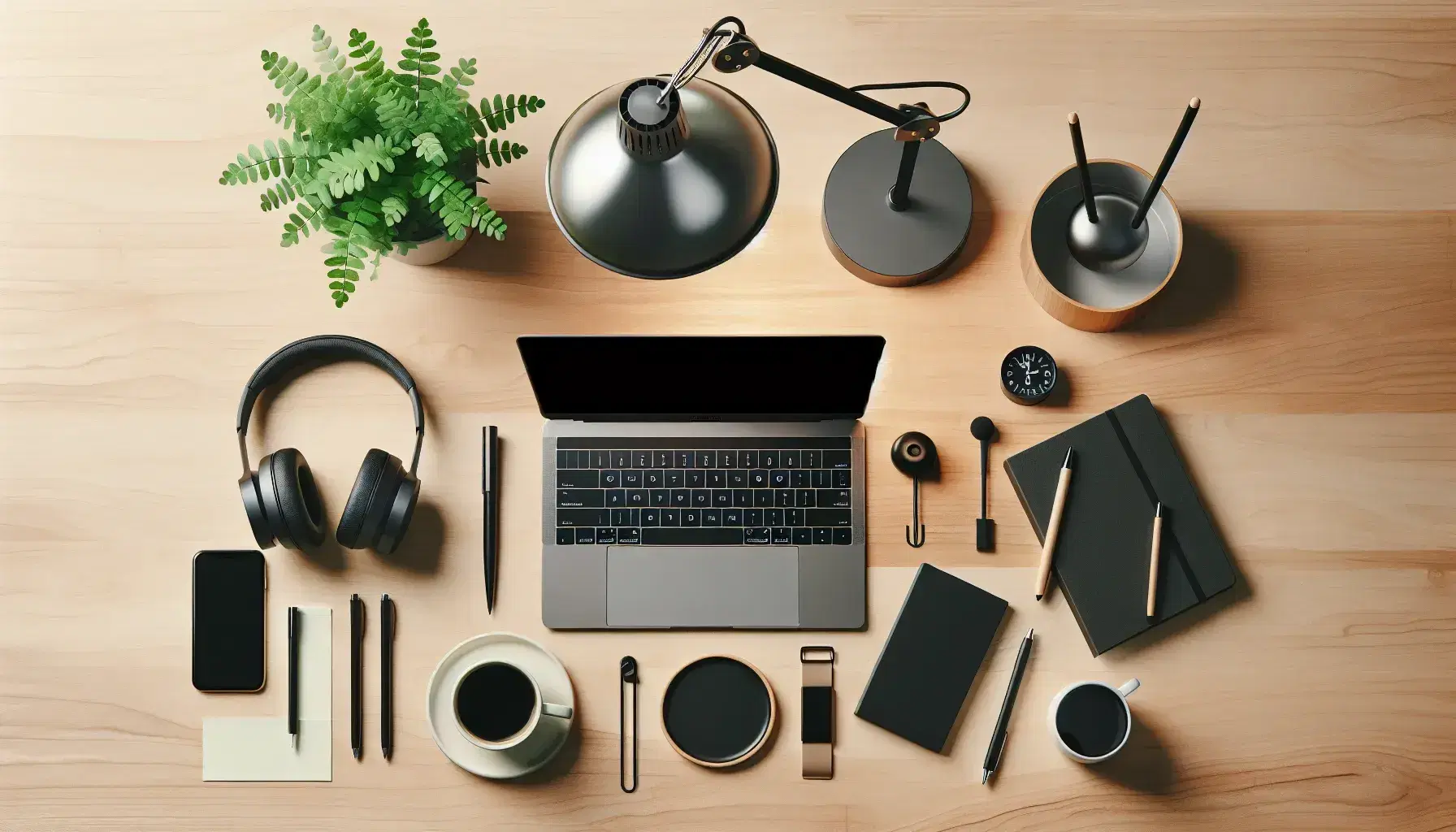 Light wooden desk with open laptop, modern lamp, green plant, coffee, black headphones and notepad with pen.