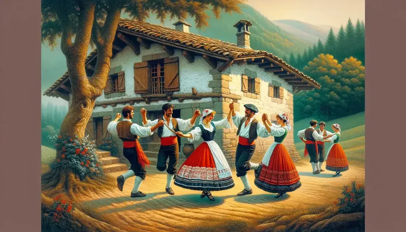 Basque folk dancers in traditional attire perform in front of a stone farmhouse with green hills under a blue sky, embodying vibrant rural culture.
