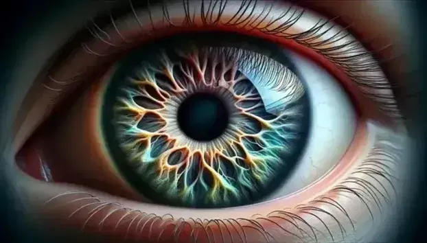 Close-up view of a human eye with a blue-green iris, gold flecks near the pupil, surrounded by white sclera and fine blood vessels.