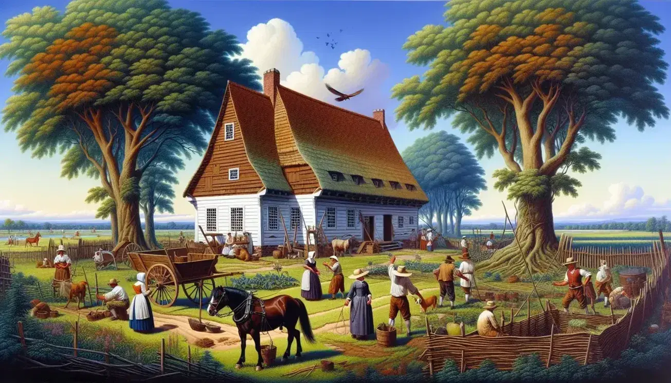 Insediamento coloniale europeo nel Nord America del 1700, con coloni al lavoro, casa in legno, nativi americani e coloni in dialogo.