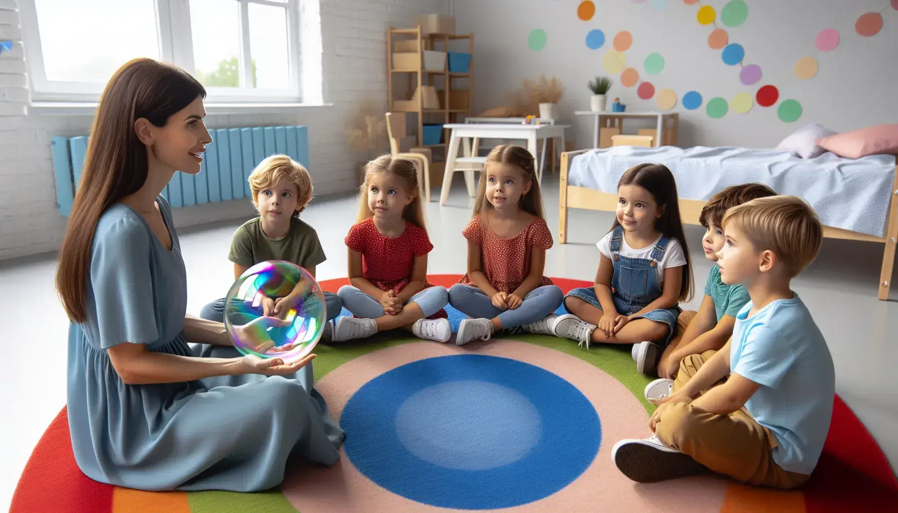 Bambini ascoltano attenta insegnante che mostra sfera colorata in aula luminosa, esprimendo meraviglia e curiosità.