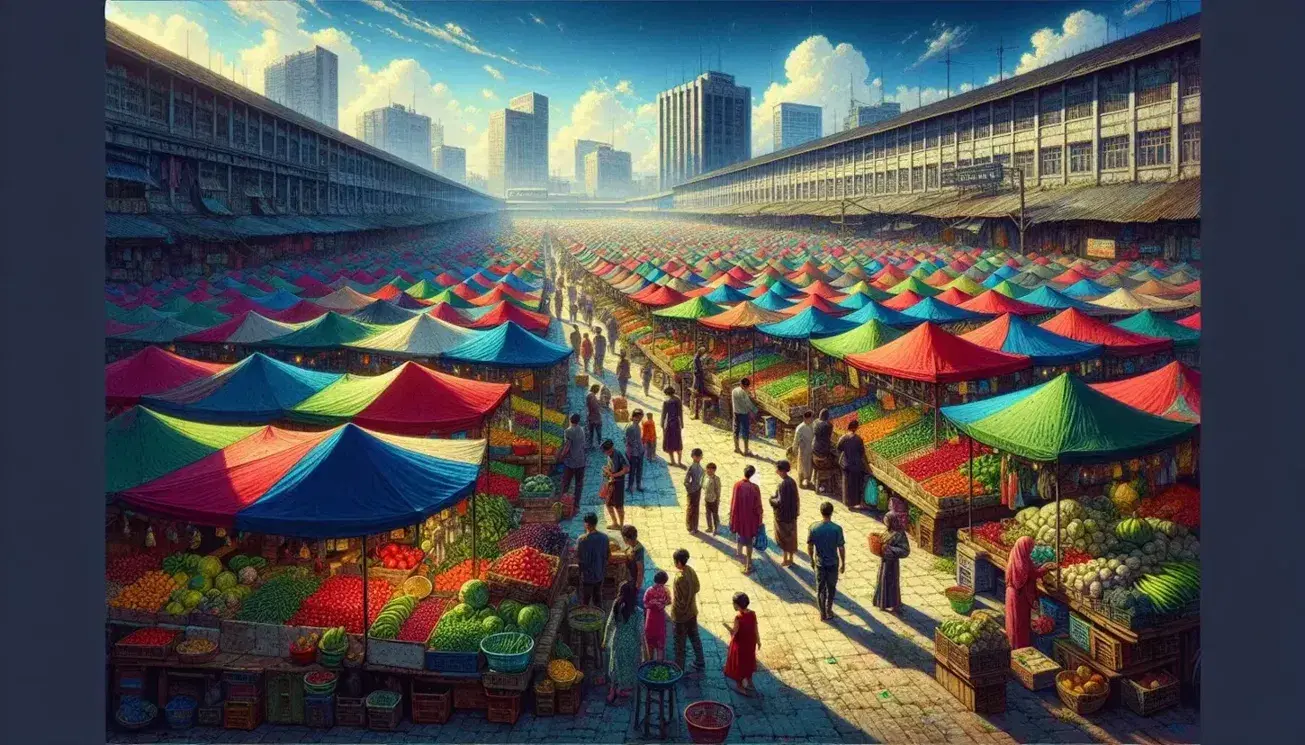 Mercado al aire libre con puestos de frutas y verduras frescas, gente comprando y edificios al fondo bajo un cielo azul despejado.