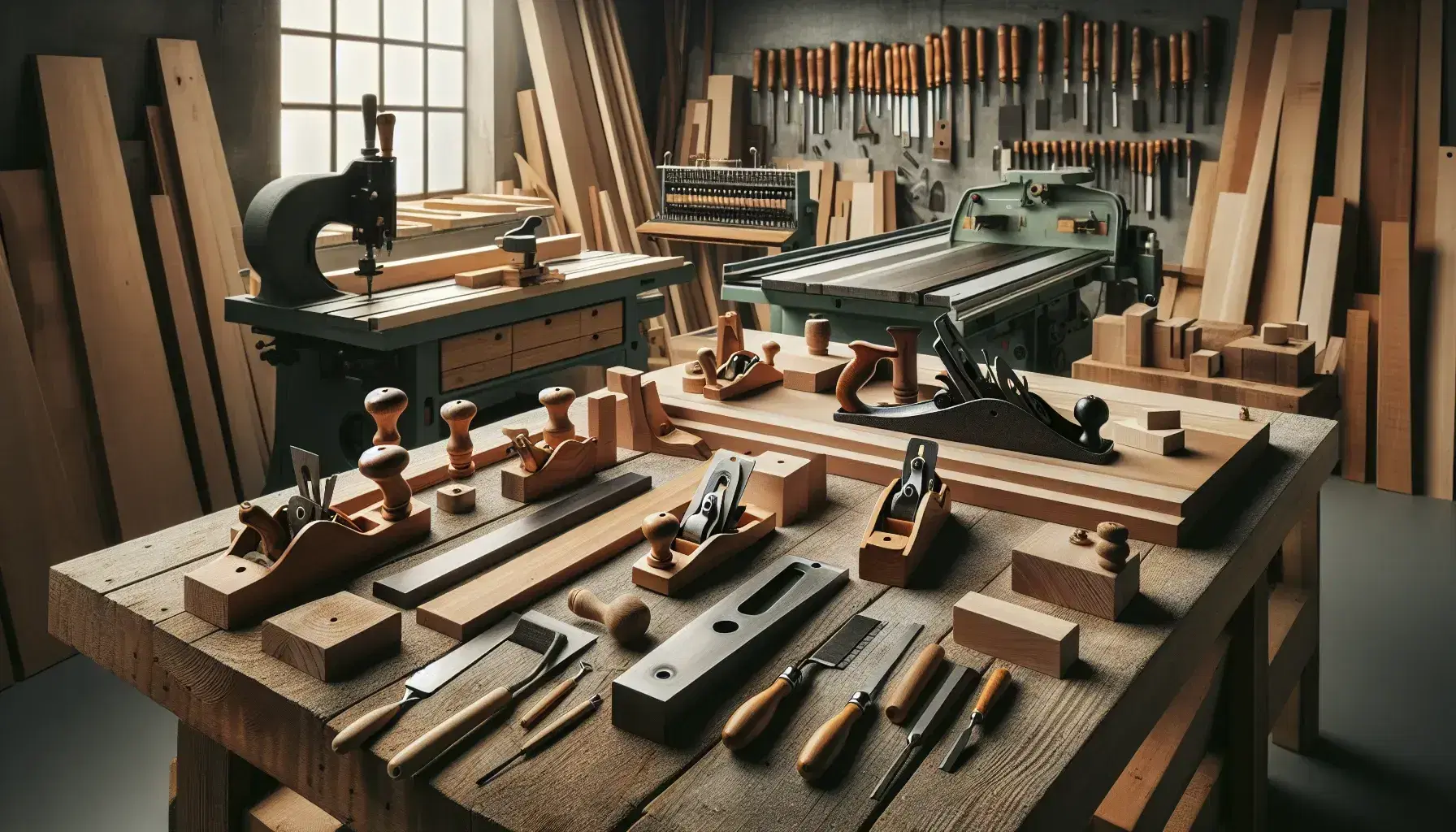 Banco da lavoro in falegnameria con utensili manuali, pialle, scalpelli, sega e pezzi di legno, sullo sfondo macchinari come sega a nastro e piallatrice.