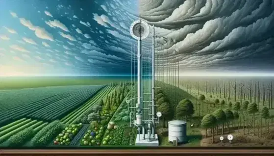 Paesaggio variato con cielo azzurro e nuvole, campi agricoli verdi, stazione meteorologica con anemometro e pluviometro, e foresta sotto cielo tempestoso.