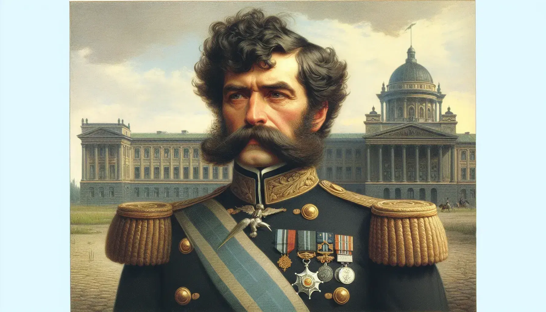 19th-century military officer with bushy mustache in dark uniform adorned with medals, holding a plumed helmet, near a neoclassical building and tree.