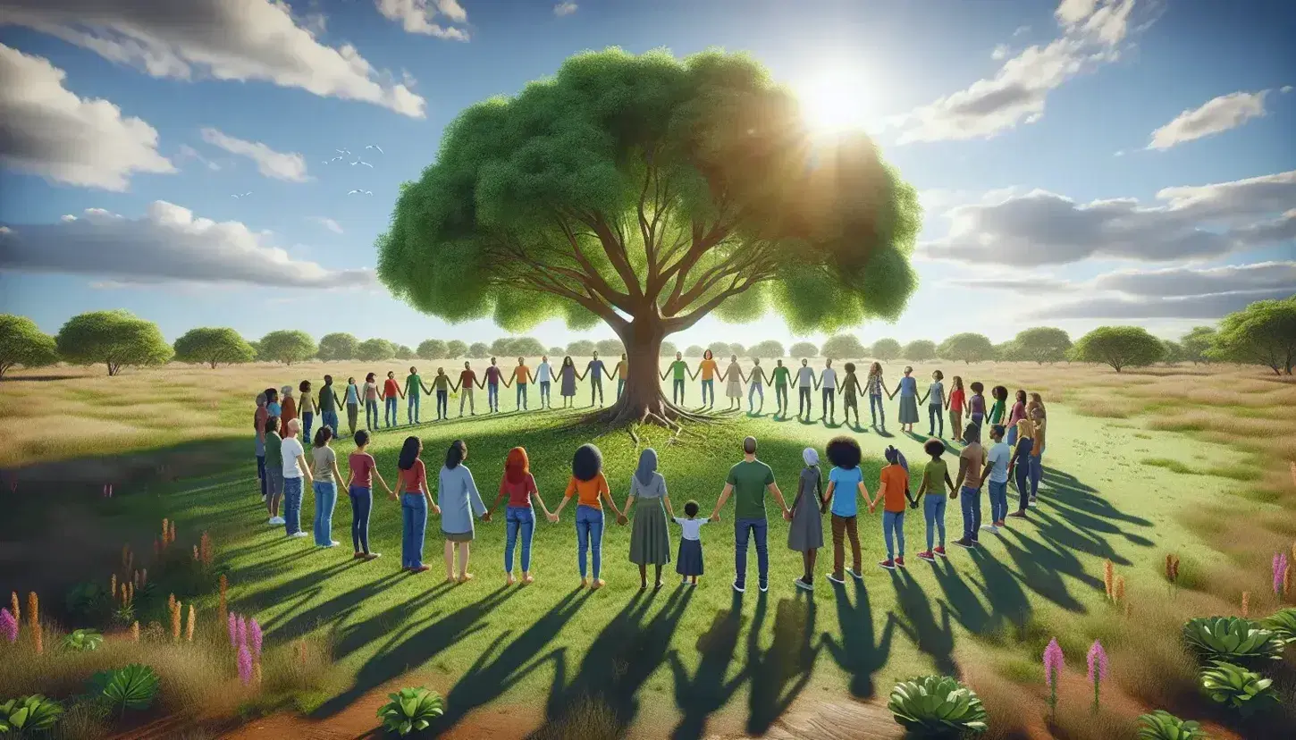 Grupo diverso de personas de distintas edades y etnias tomadas de las manos en círculo alrededor de un árbol frondoso, bajo un cielo azul claro.