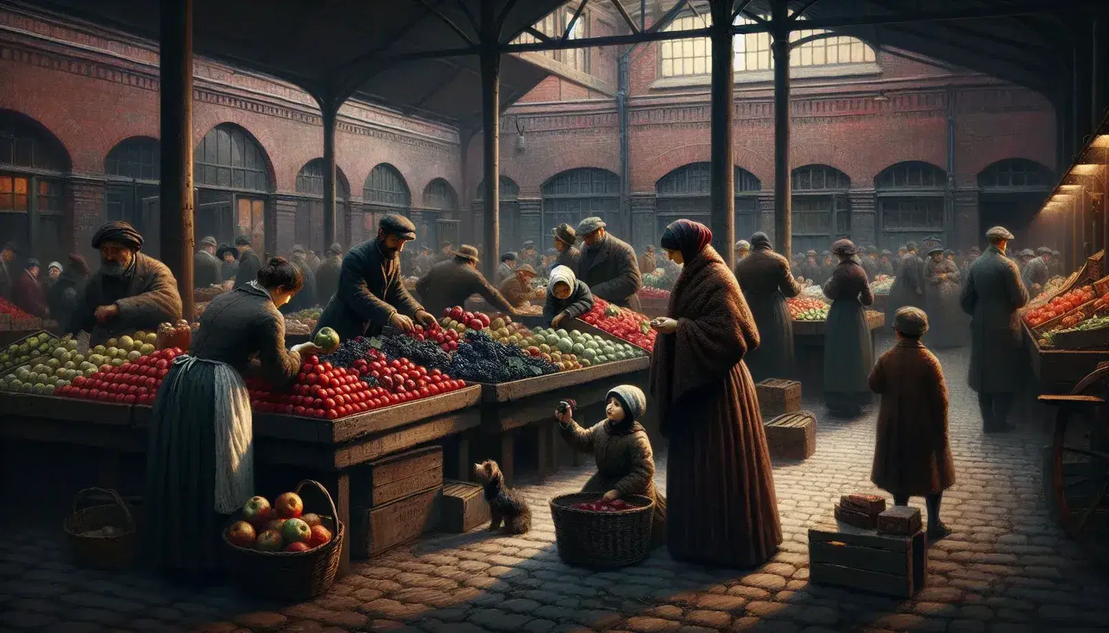 Mercato urbano ottocentesco con venditore di frutta, donna e bambino tra banchi di cibo e tessuti, edifici in mattoni rossi sullo sfondo.