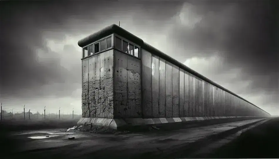Impressive section of concrete Berlin Wall under gray sky, with guard tower and blurred city skyline background.