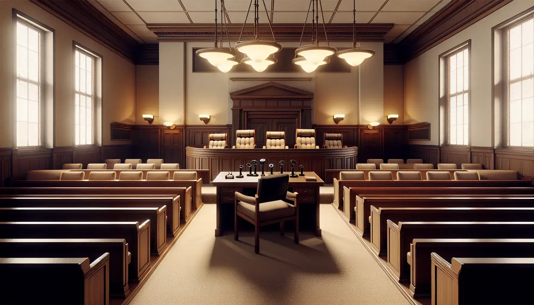 Sala de tribunal vacía con bancos de madera, estrado para jueces con micrófonos y mesas laterales, iluminada por luces de techo, sin ventanas.