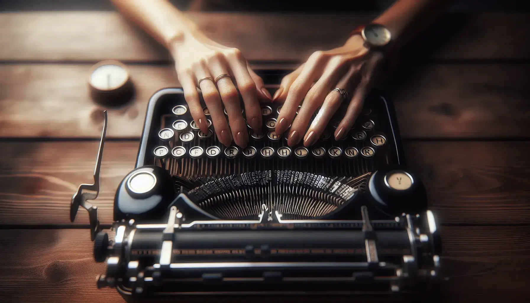 Close-up view of a vintage typewriter with glossy keys and a woman's hands poised to type, a blank paper inserted, on a wooden desk.