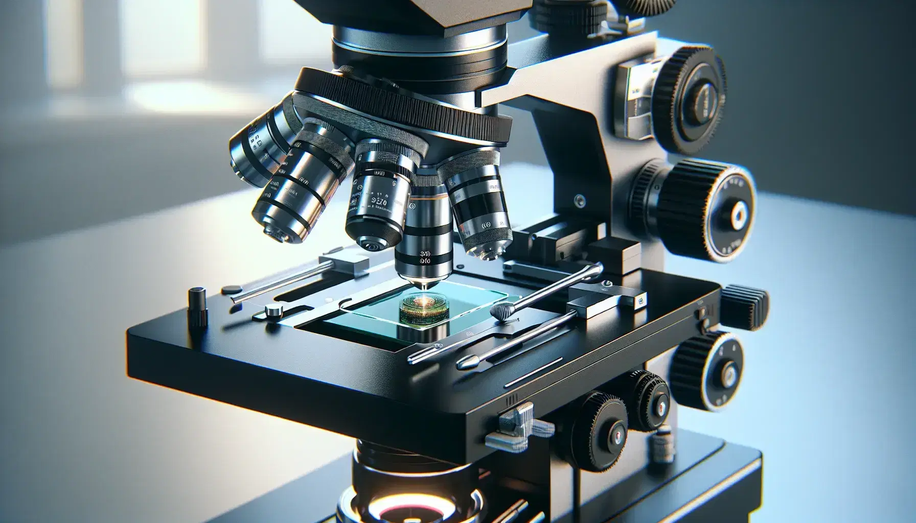 Microscopio óptico moderno enfocado en torreta con objetivos de distintas magnificaciones, plataforma con portaobjetos y muestra biológica colorida, controles de enfoque visibles.