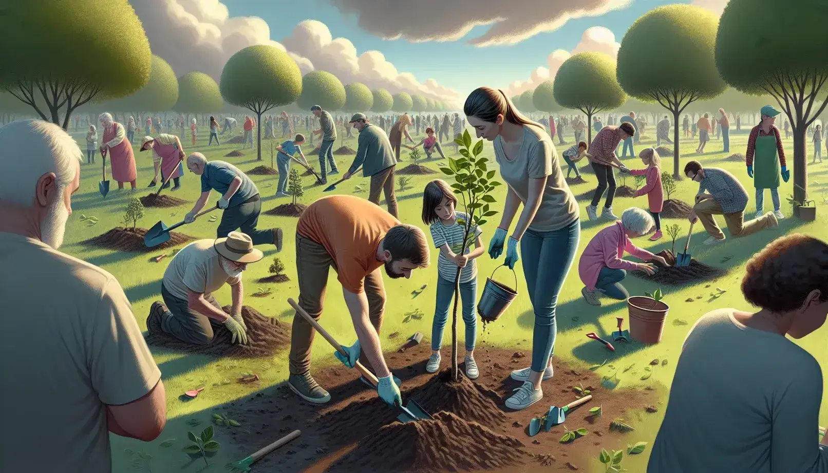 Gruppo multietnico pianta alberi in area verde, adulto e bambino collaborano nel posizionamento di un giovane albero, altri membri della comunità lavorano sullo sfondo.