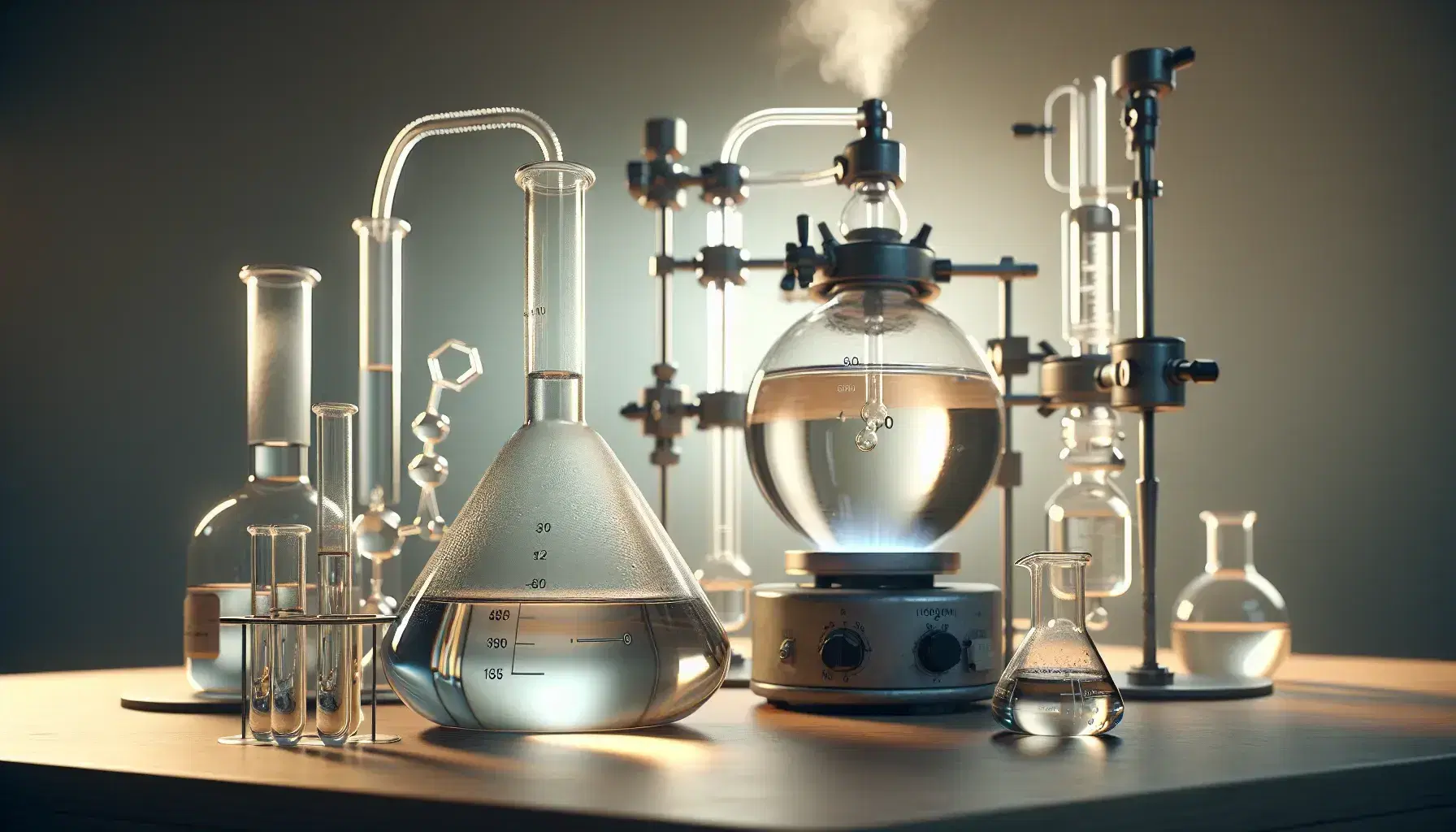 Glass bottle with colorless liquid on wooden laboratory bench, beaker with transparent liquids and distillation apparatus with blue flame.