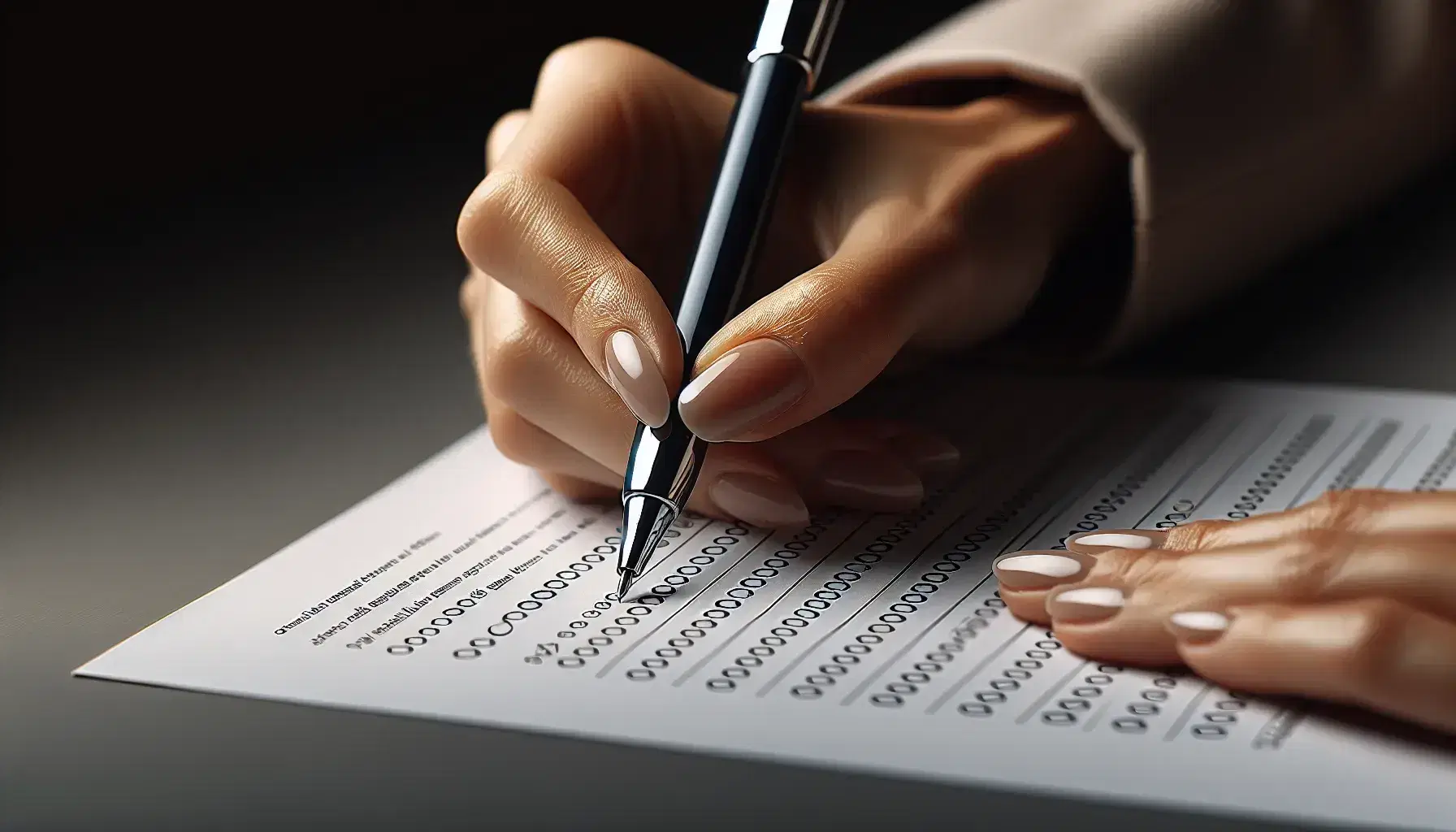 Close-up of a hand holding a pen over a survey with checkboxes on a dark surface, with blurred papers and digital device in the background.