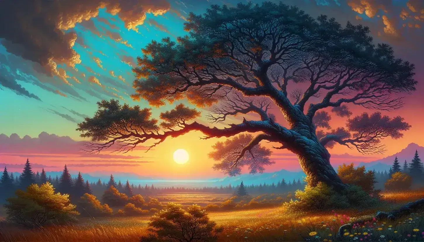 Paisaje natural al atardecer con árbol robusto en primer plano, campo de hierba con flores silvestres y montañas al fondo bajo un cielo degradado y nuboso.