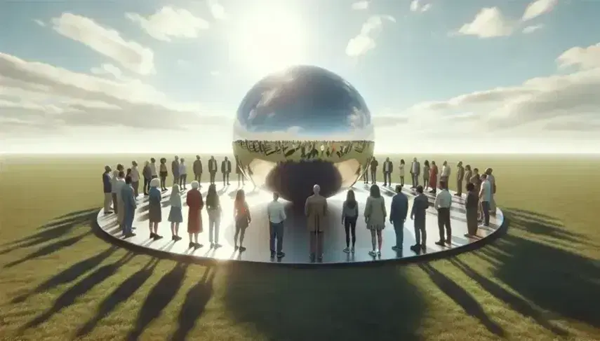 Grupo diverso de personas interactuando alrededor de una esfera metálica reflectante en un parque con césped verde y cielo azul.