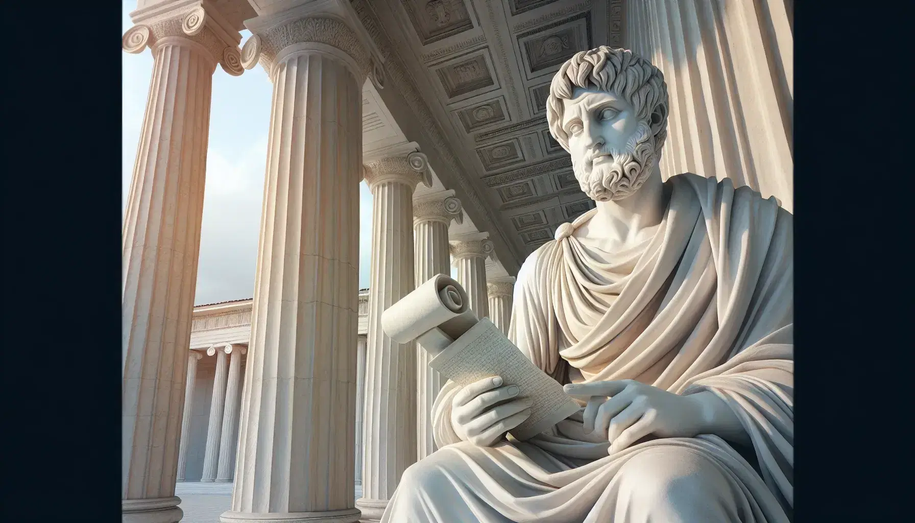 Estatua de mármol blanco de autor clásico con pergamino en mano y expresión pensativa, rodeada de columnas dóricas o jónicas bajo cielo azul claro.