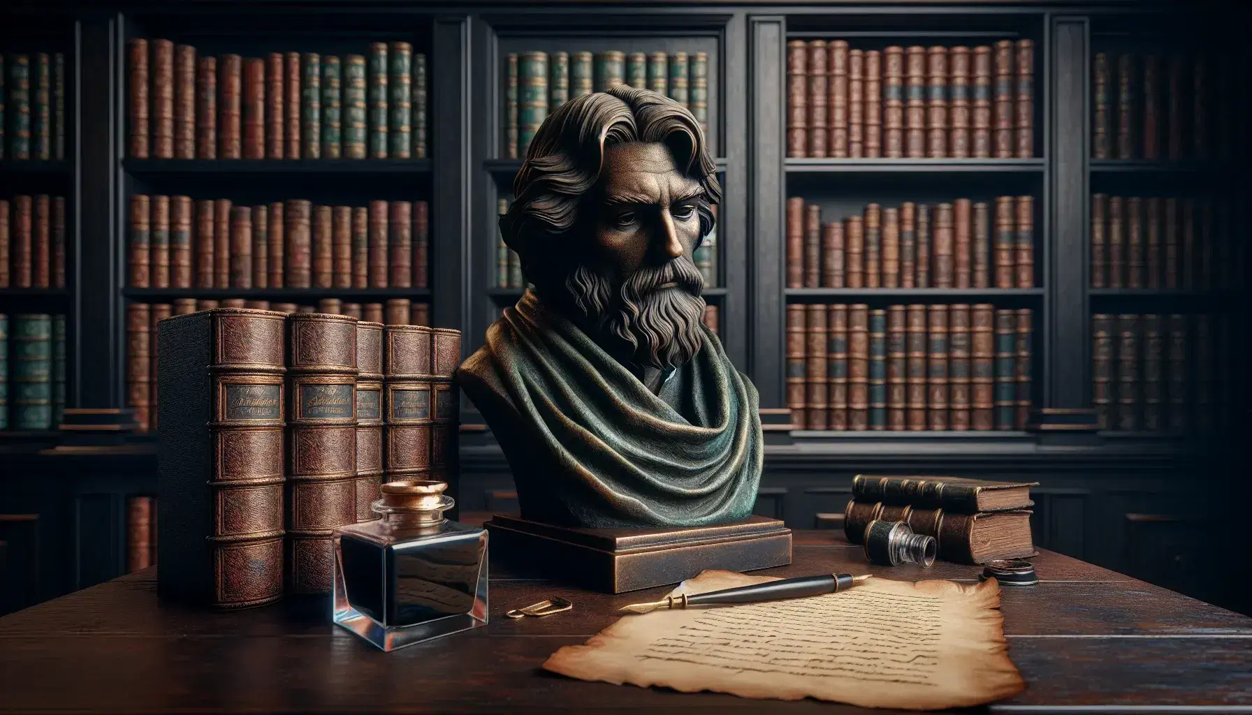 Statua in bronzo di filosofo pensieroso con biblioteca antica sullo sfondo, tavolo con calamaio e carta accanto.
