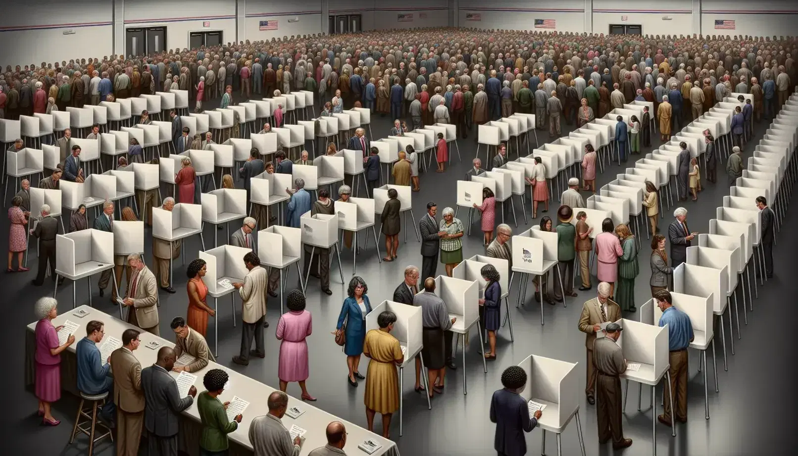 Diverse voters queue at a polling station with private booths and officials managing ballots, reflecting a democratic election process.