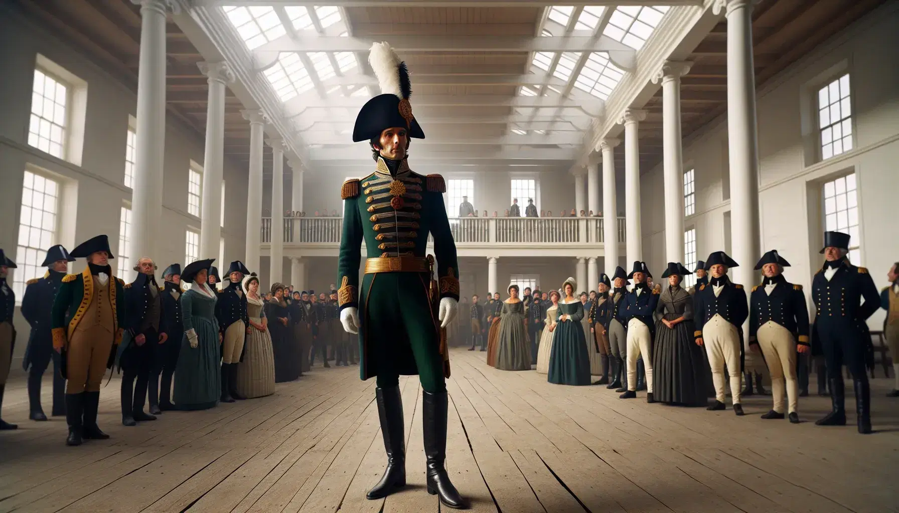 Hombre en uniforme militar del siglo XIX proclama en salón colonial ante grupo de personas con vestimenta de época, bajo luz natural y bandera tricolor.