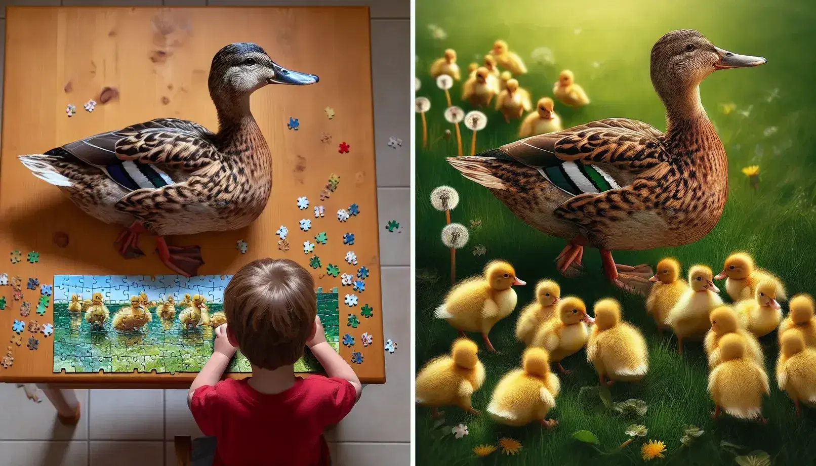 Mother duck leading ducklings across grass with dandelions, and child concentrating on colorful puzzle at wooden table indoors.