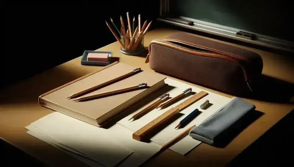 Escritorio escolar de madera con libro abierto, lápiz, hoja blanca y estuche con lápices de colores, sugerencia de pizarra al fondo.