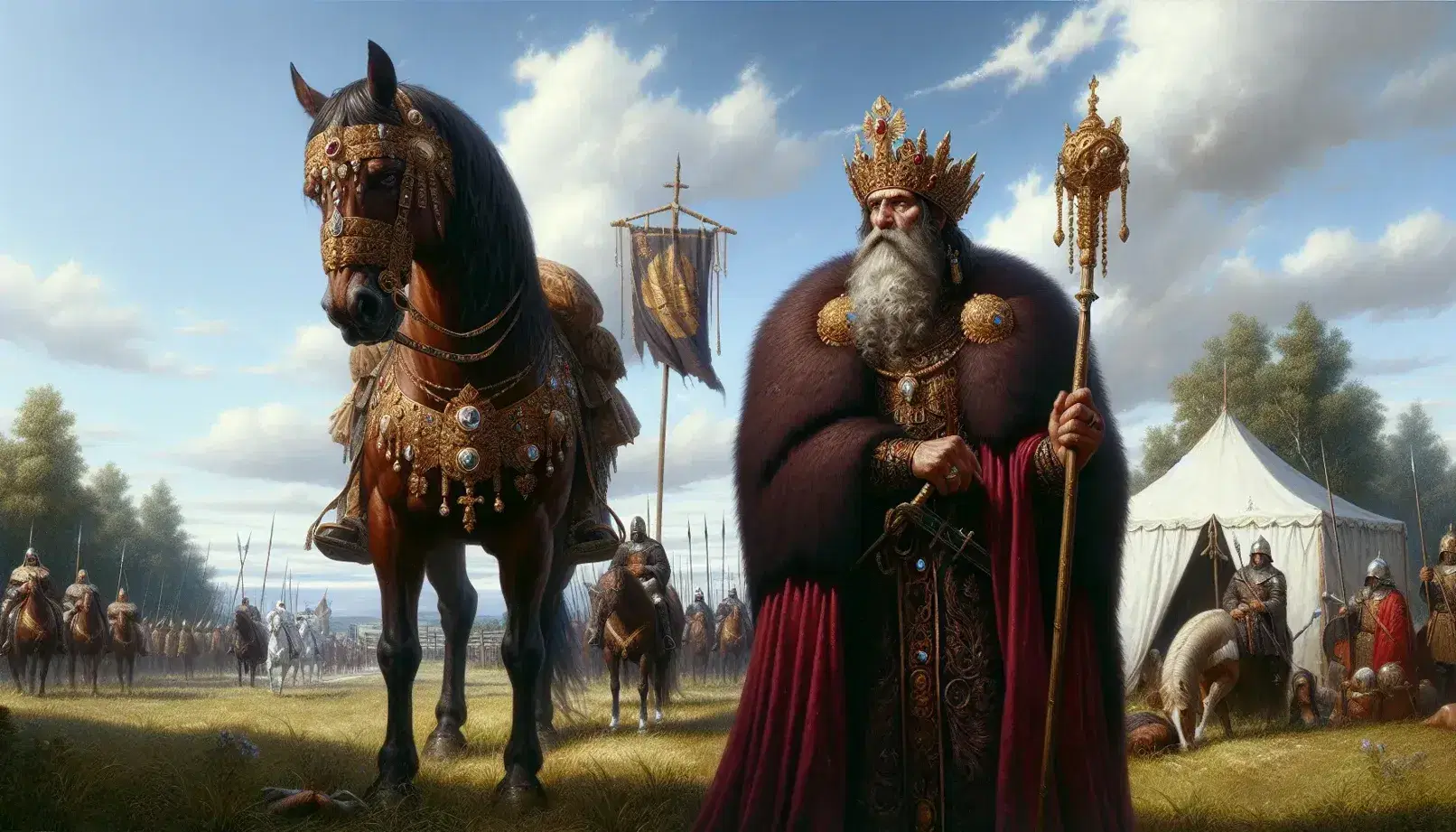 Re figura storica con mantello rosso scuro, corona d'oro e scettro, accanto a cavallo marrone, sotto cielo azzurro con tende bianche sullo sfondo.