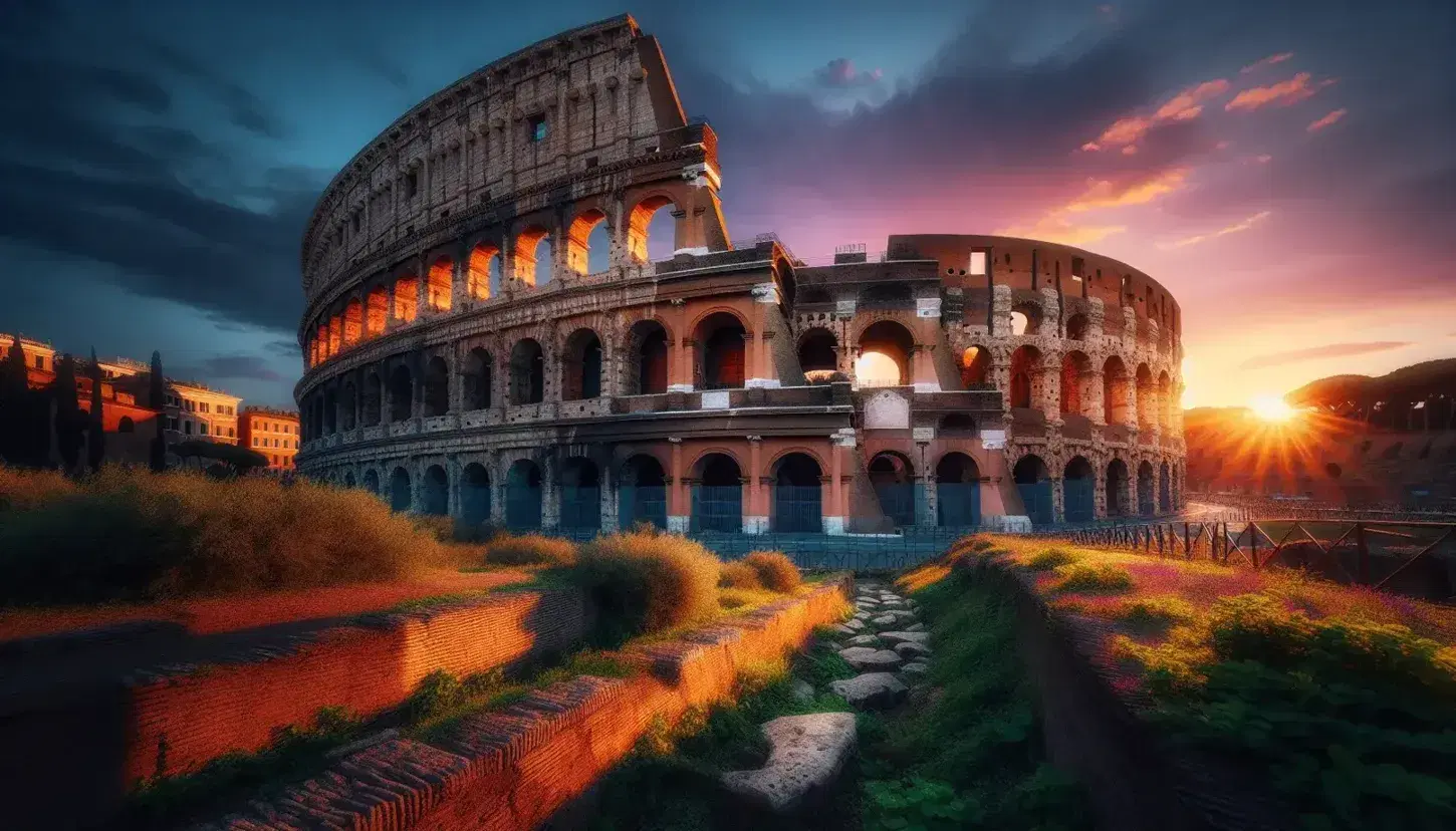 Tramonto sul Colosseo di Roma con luci arancioni sulle antiche pietre, archi in successione e cielo sfumato in rosa e viola.