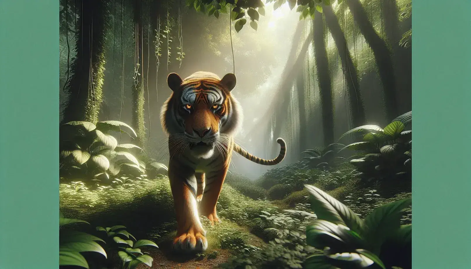 Majestic tiger strides through lush jungle, vibrant orange fur with black stripes, piercing amber eyes, surrounded by dappled sunlight and dense foliage.