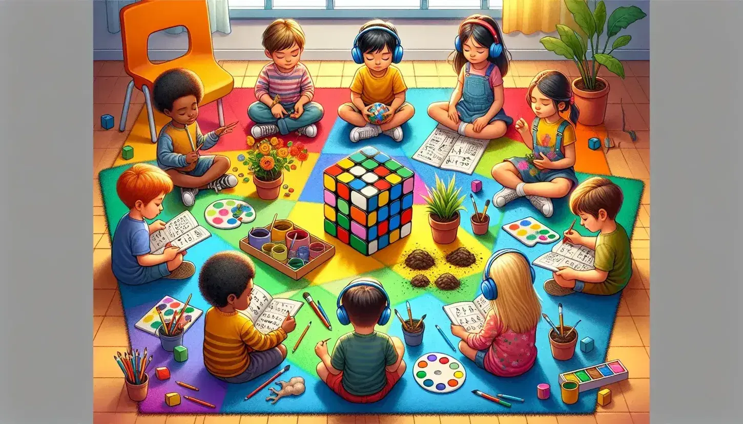 Bambini di diverse etnie seduti in cerchio su tappeto colorato in classe, impegnati in attività legate alle intelligenze multiple.