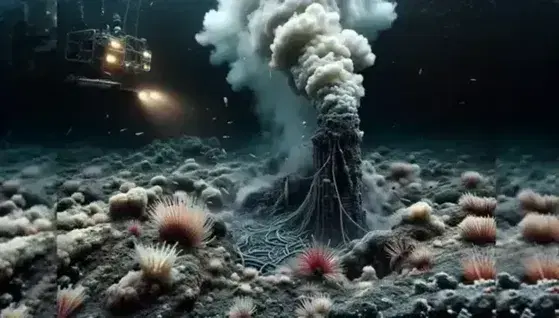 Deep ocean hydrothermal vent with black smokestack, red tube worms and translucent shrimp, surrounded by an illuminating ROV.