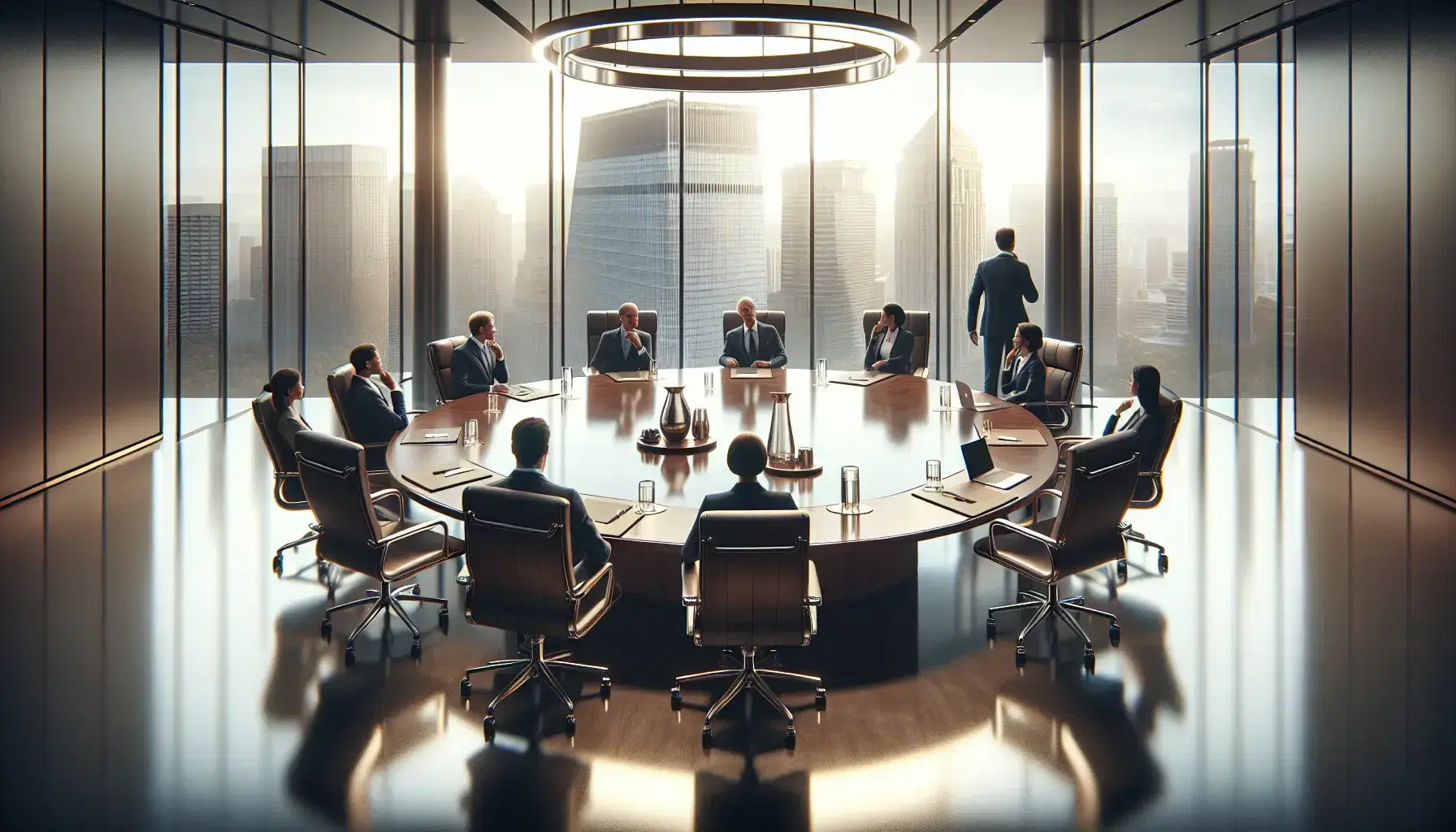 Diverse business professionals in a modern boardroom with a large wooden table, leather chairs, and a city view through floor-to-ceiling windows.